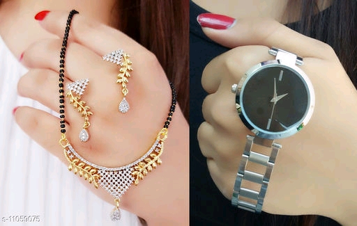 Jewellery & Accesseries Stylish mangalsutra with earring and free women watch