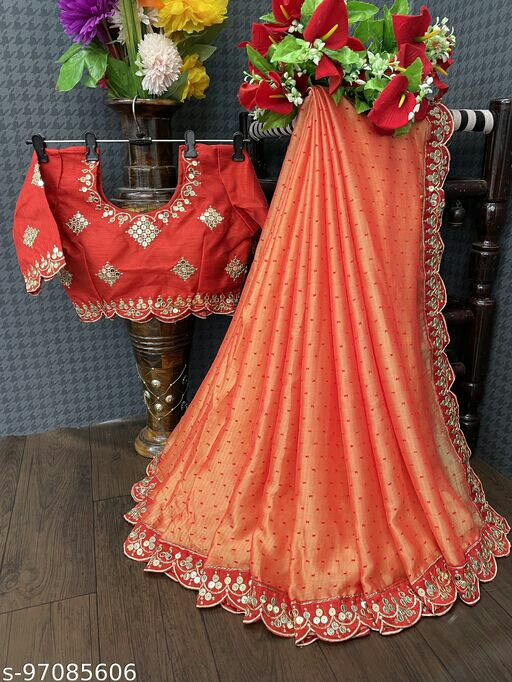Saree NAVLIK Women’s Two Tone Georgette  Embroidered Sequence Work Border Saree With Blouse Piece